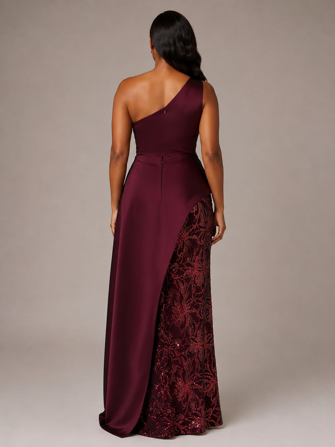 Burgundy One-Shoulder Mother of the Bride Dress with Sequin Skirt and Peplum