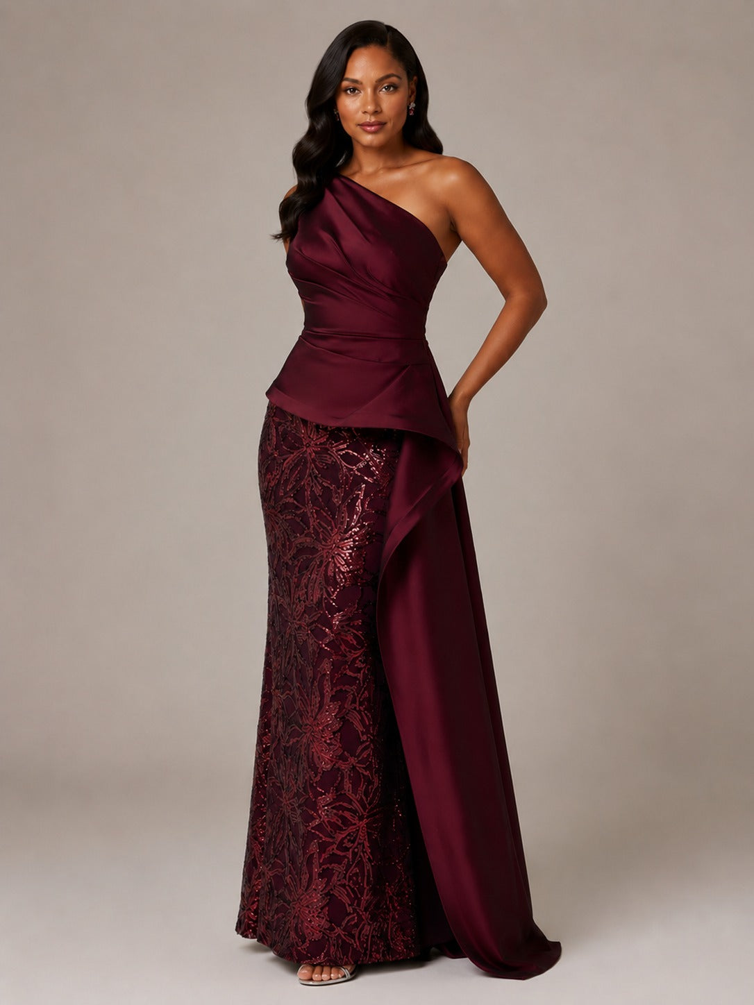 Burgundy One-Shoulder Mother of the Bride Dress with Sequin Skirt and Peplum