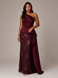 Burgundy one shoulder sequin mother of the bride dress with cascade peplum by Jovellee