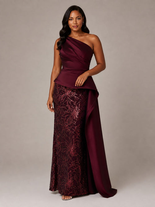 Burgundy one shoulder sequin mother of the bride dress with cascade peplum by Jovellee