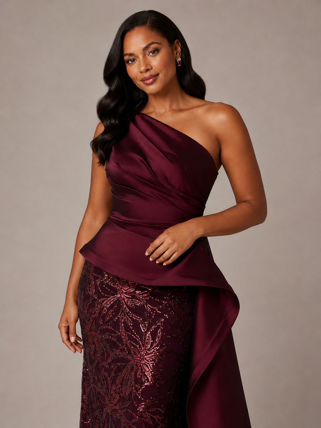 Burgundy floral sequin mother of the bride formal gown with one shoulder neckline