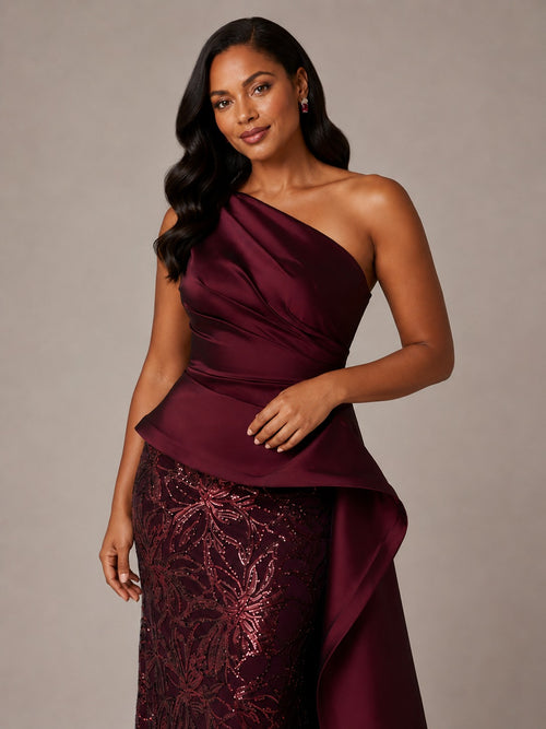 Burgundy floral sequin mother of the bride formal gown with one shoulder neckline