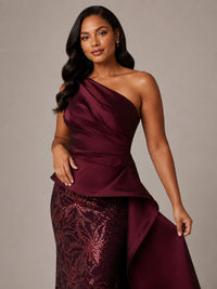 Burgundy One-Shoulder Mother of the Bride Dress with Sequin Skirt and Peplum
