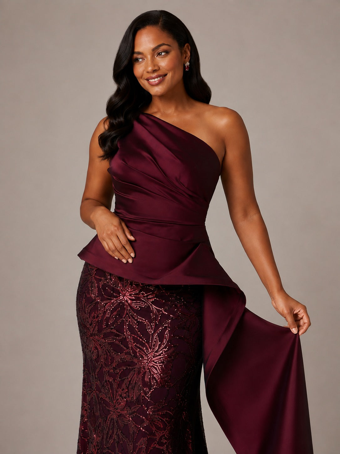 Burgundy One-Shoulder Mother of the Bride Dress with Sequin Skirt and Peplum