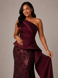 Burgundy One-Shoulder Mother of the Bride Dress with Sequin Skirt and Peplum