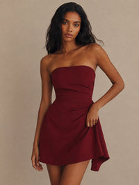 Burgundy Strapless Homecoming Mini Dress with Draped Wrap Skirt