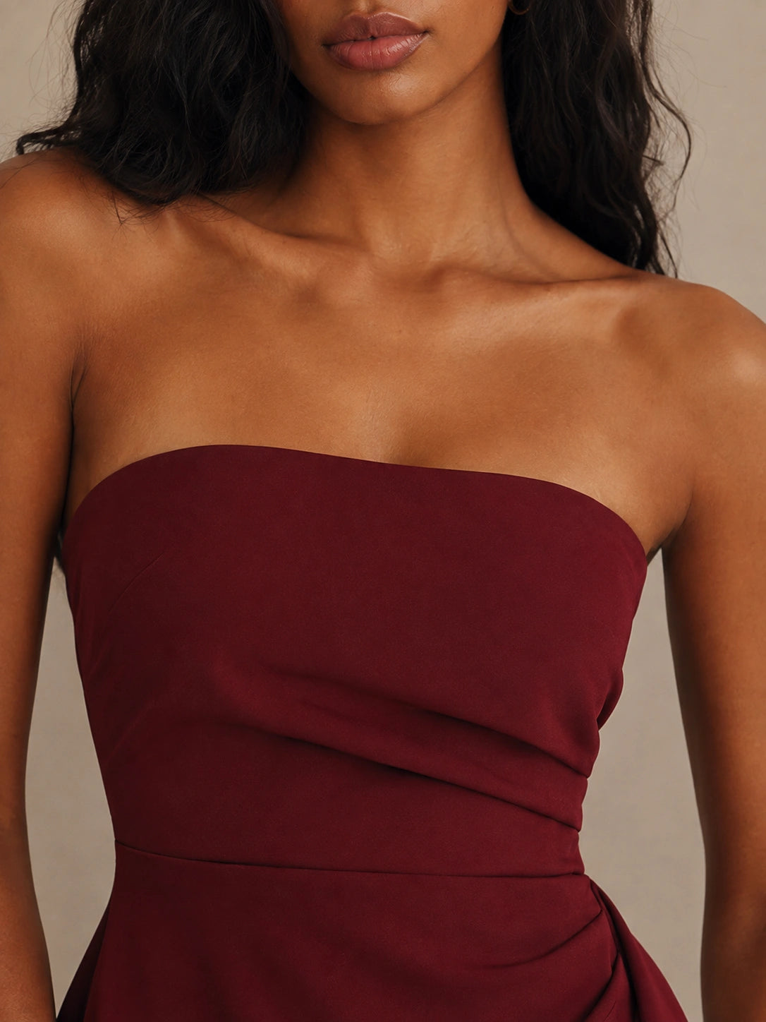 Burgundy Strapless Homecoming Mini Dress with Draped Wrap Skirt