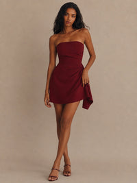 Burgundy Strapless Homecoming Mini Dress with Draped Wrap Skirt