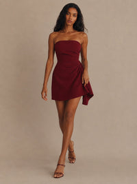 Burgundy Strapless Homecoming Mini Dress with Draped Wrap Skirt