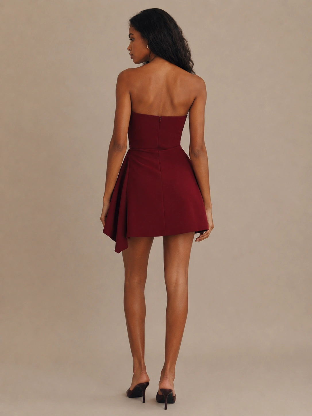 Burgundy Strapless Homecoming Mini Dress with Draped Wrap Skirt