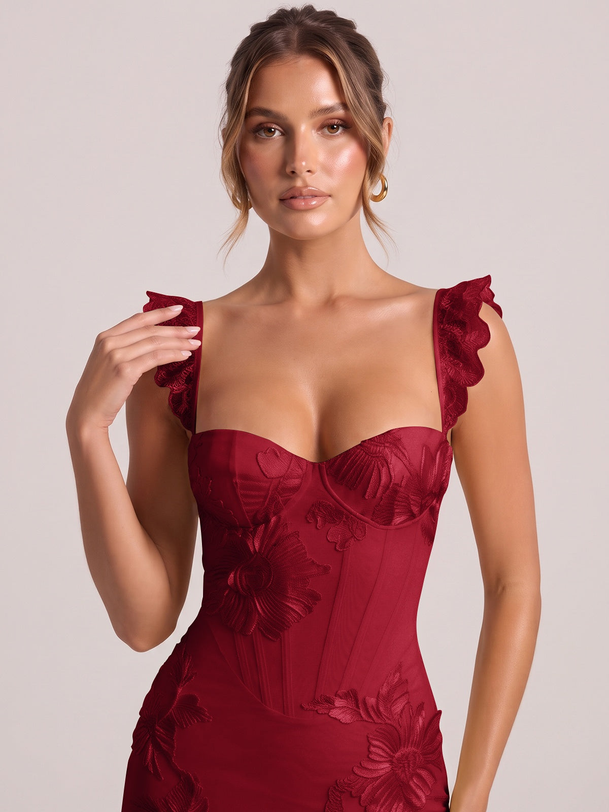 Sweetheart Floral Applique Corset Mermaid Prom Dress with High Slit
