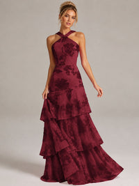 Tiered Ruffles Halter Floral Applique Prom Dress