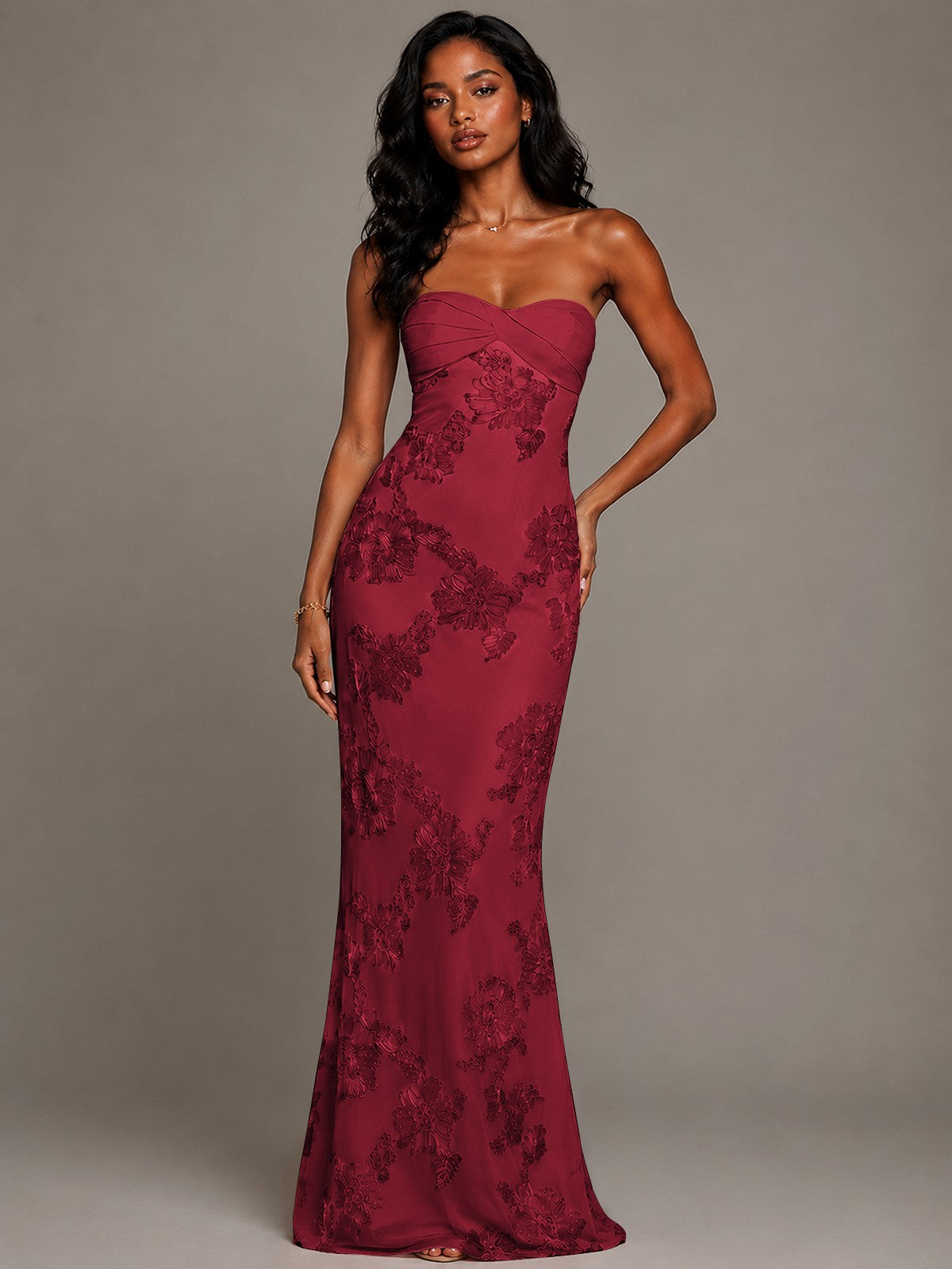 Strapless Floral Applique Mermaid Prom Dress