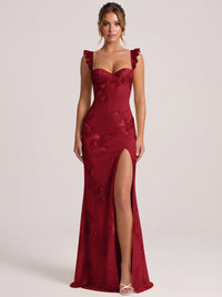 Burgundy Sweetheart Floral Applique Corset Mermaid Prom Dress with High Slit Long Formal Evening Gown