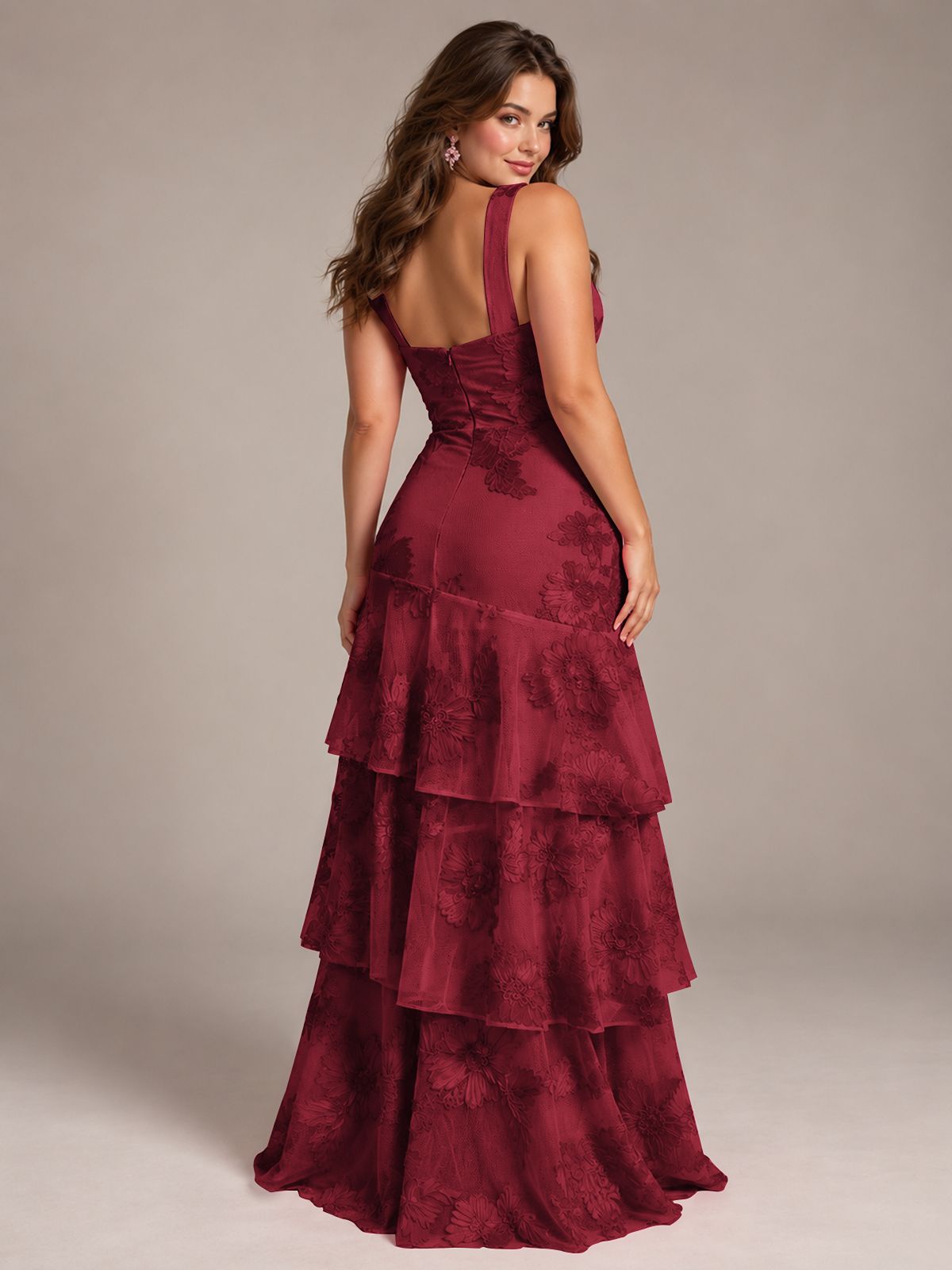 Tiered Ruffles Halter Floral Applique Prom Dress