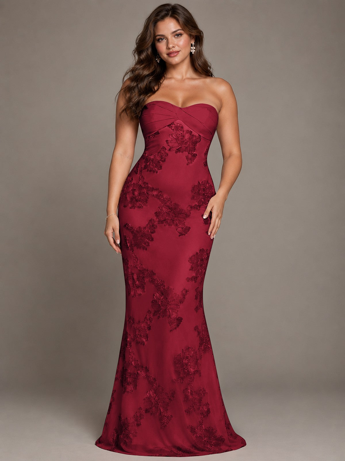 Strapless Floral Applique Mermaid Prom Dress