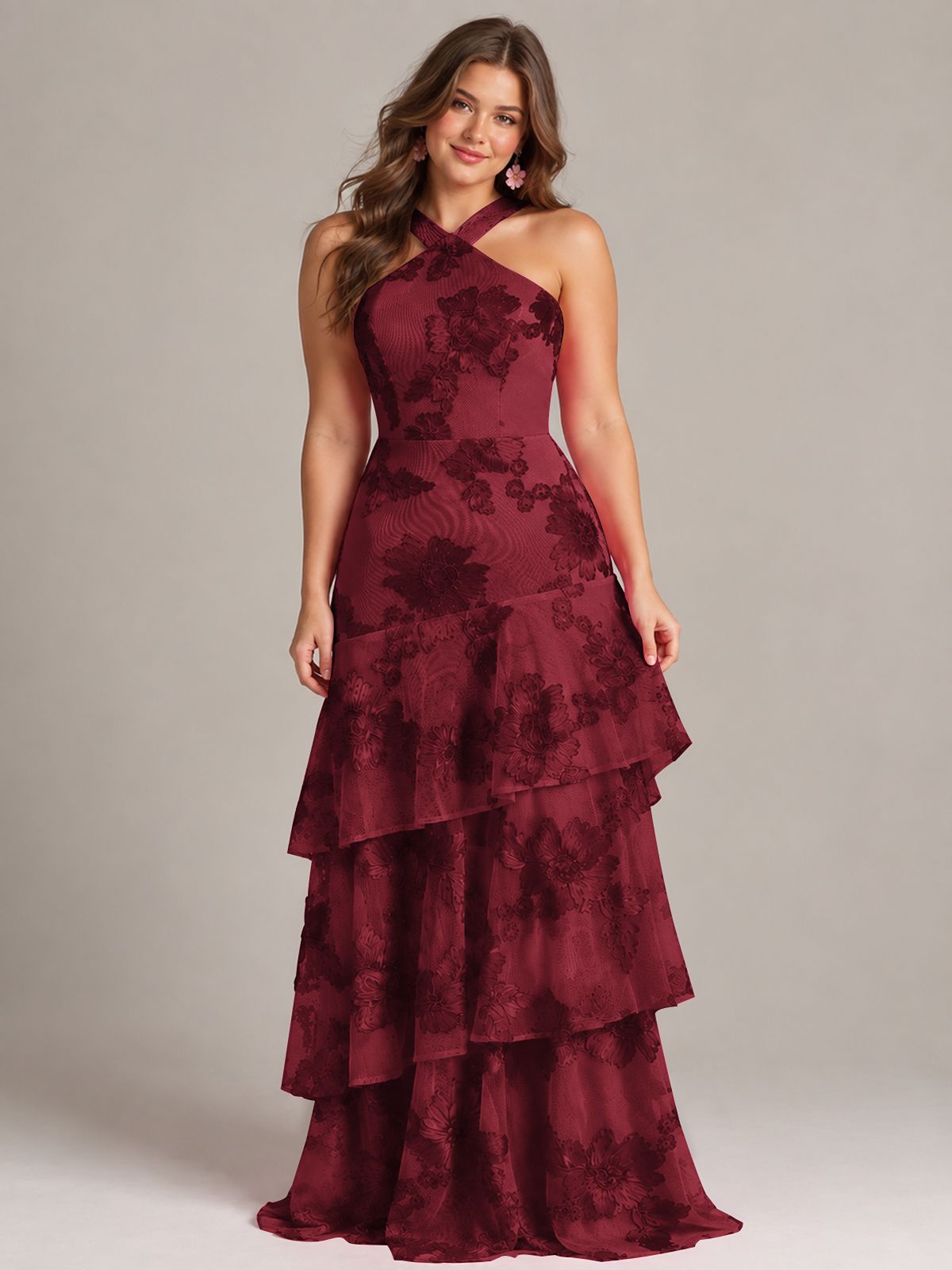 Tiered Ruffles Halter Floral Applique Prom Dress