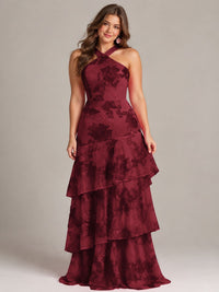Tiered Ruffles Halter Floral Applique Prom Dress