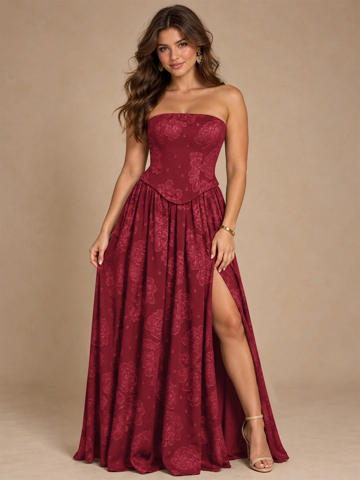 Chocolate Brown Floral Strapless Corset A-Line Evening Gown with Slit