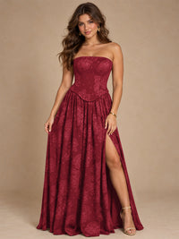 Chocolate Brown Floral Strapless Corset A-Line Evening Gown with Slit