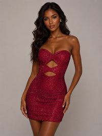 Royal Blue Rhinestone-Embellished Strapless Cut-Out Bodycon Mini Dress