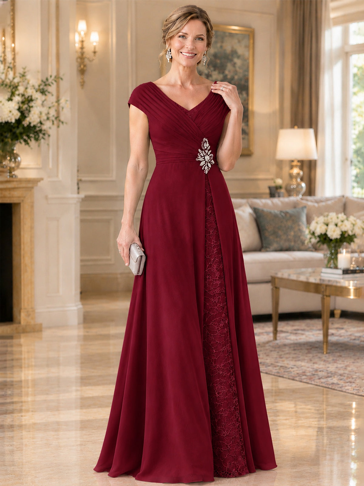 Pleated Chiffon Lace Mother of The Bride Dresses with Beading Cap Sleeves