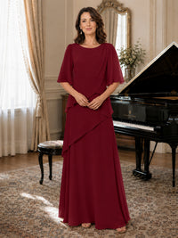 Asymmetric Draped Chiffon Mother of the Bride Dress with Flutter Sleeves