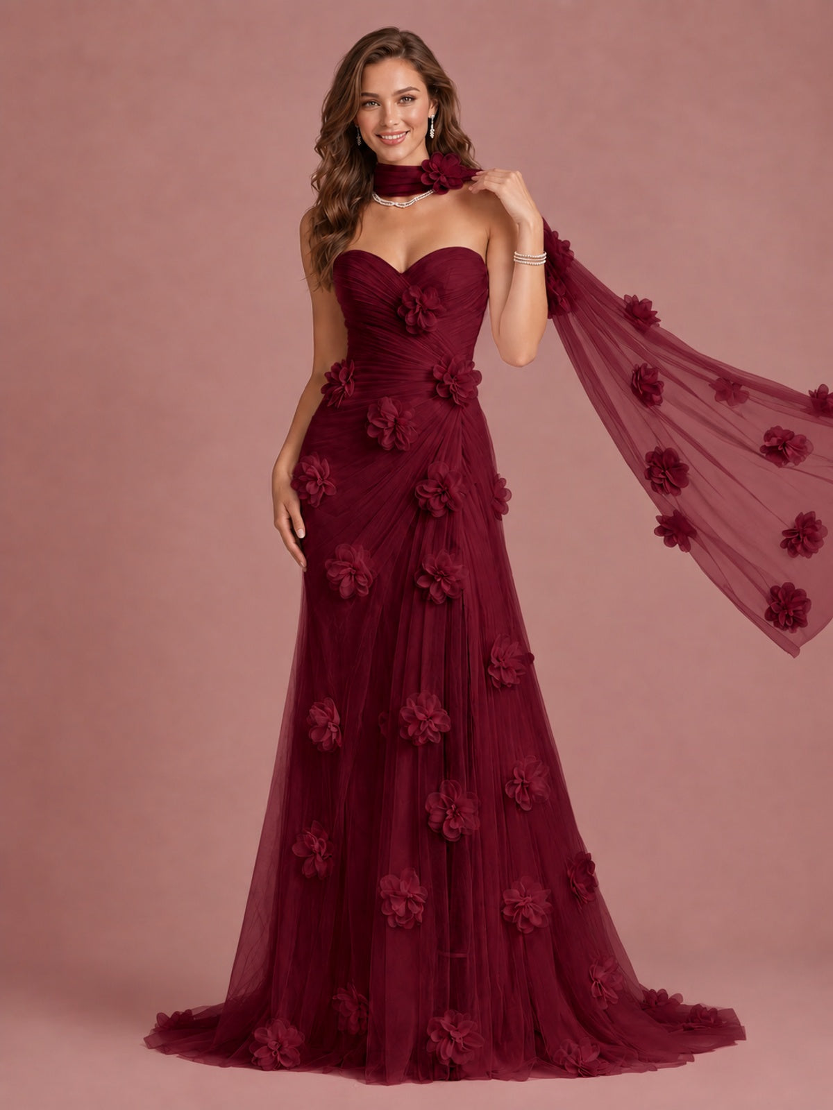 Blush Pink Strapless Sweetheart 3D Floral Tulle Mermaid Prom Dress