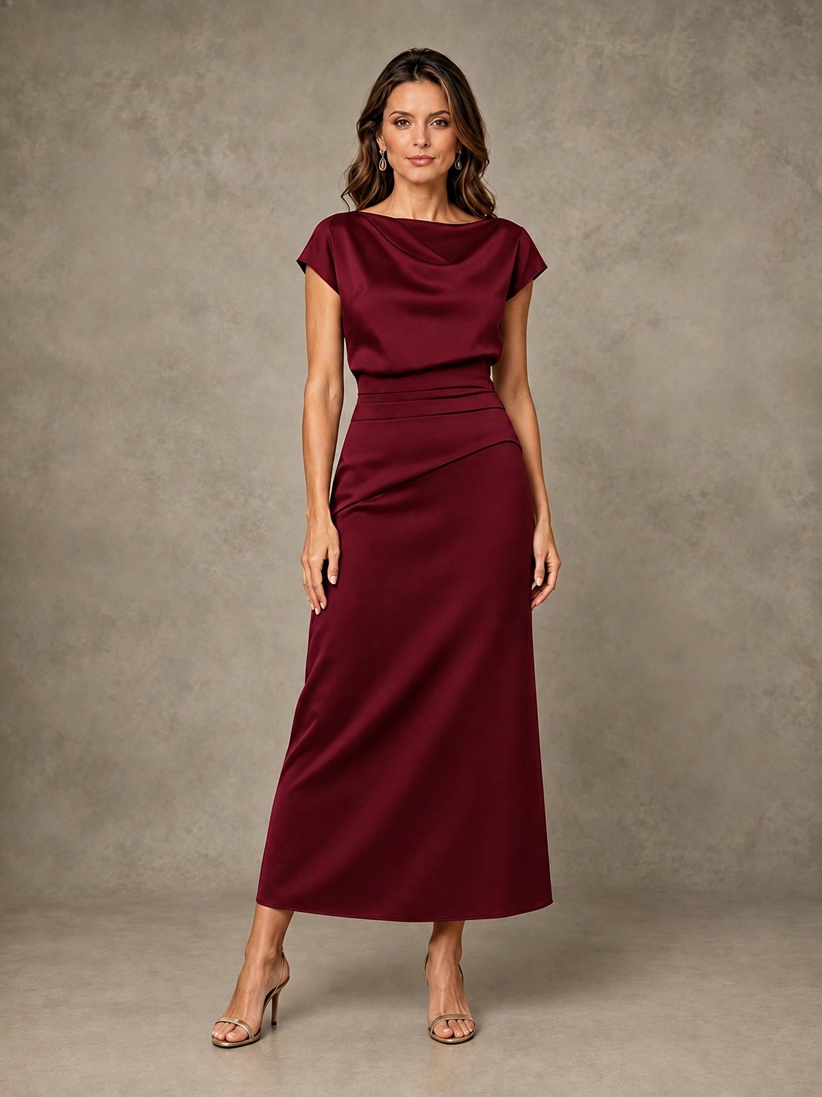 Cowl Neck Satin Mother of the Bride Dress with Ruched Waist