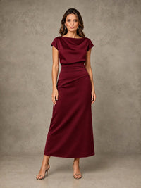 Cowl Neck Satin Mother of the Bride Dress with Ruched Waist
