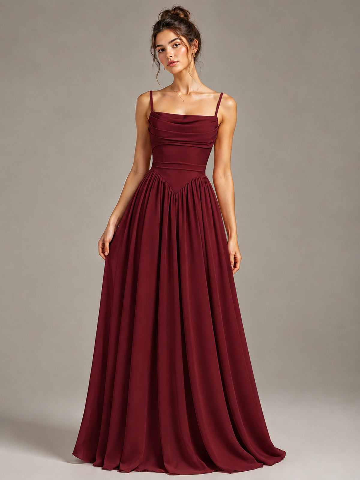 Spaghetti Strap Ruched Chiffon Maxi Dress with Backless