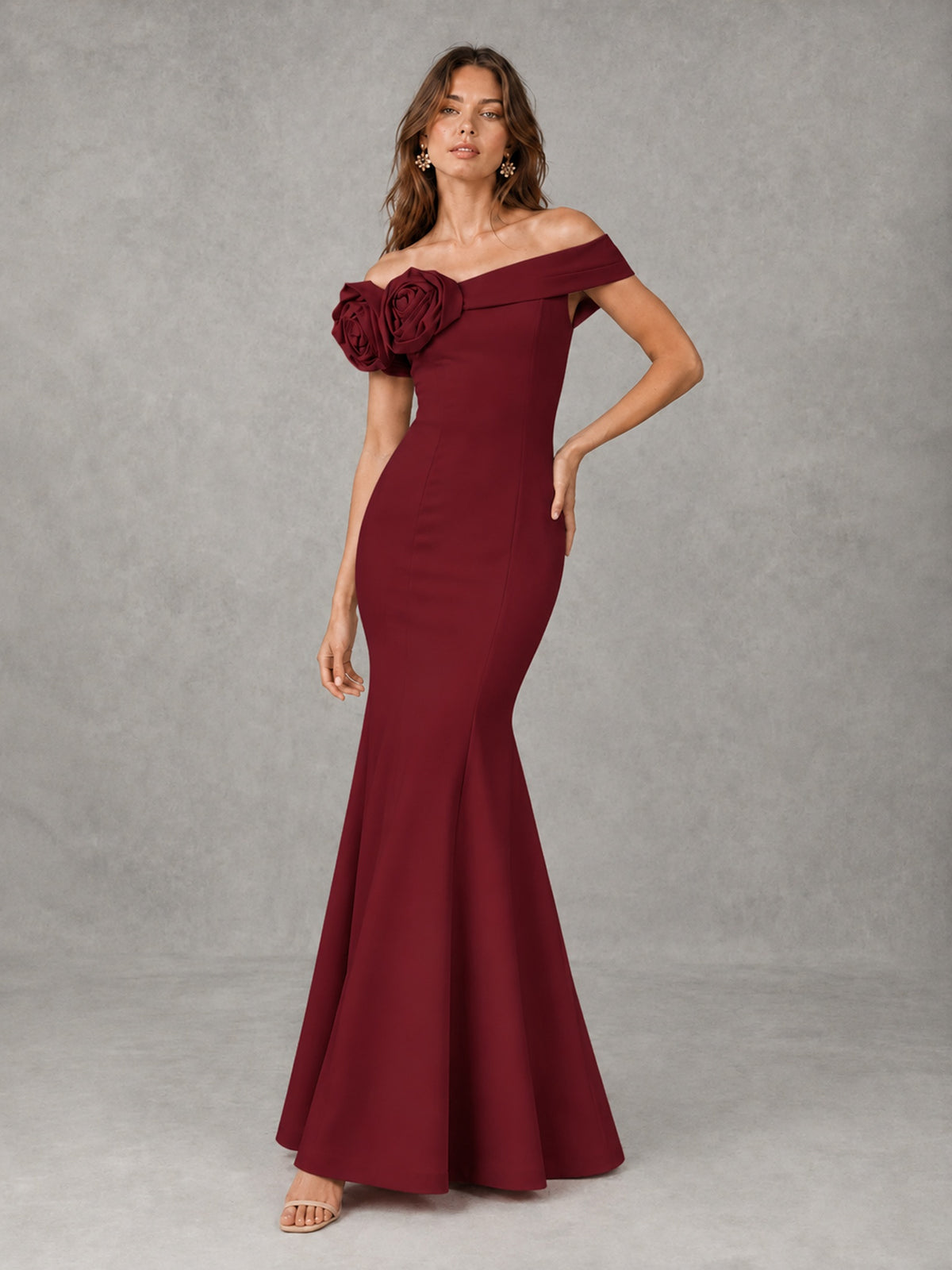 Blush Pink Off Shoulder Mermaid Bridesmaid Dress with Floral Rosette