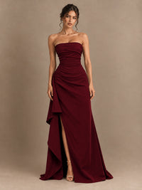 Black and White Strapless Ruched Prom Dress with High Slit & Side Drape