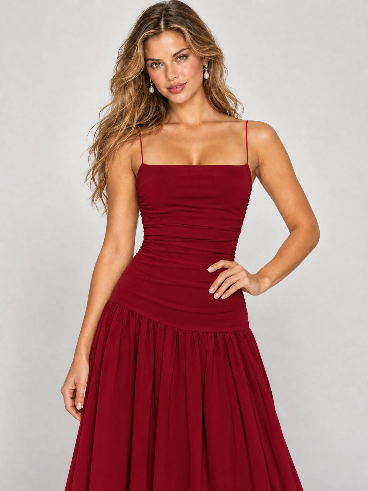 Butter Yellow Ruched Spaghetti Strap Drop-Waist Prom Dress