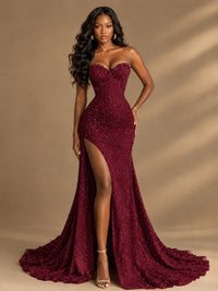 Beaded Sequin Prom Dress Strapless Formal Gowns with High Slit Train