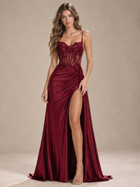 Mermaid Satin Prom Dress with Floral Appliqué Corset and High Slit