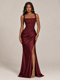 Scoop Neck Sequin Prom Dress with High Slit Satin Formal Gowns