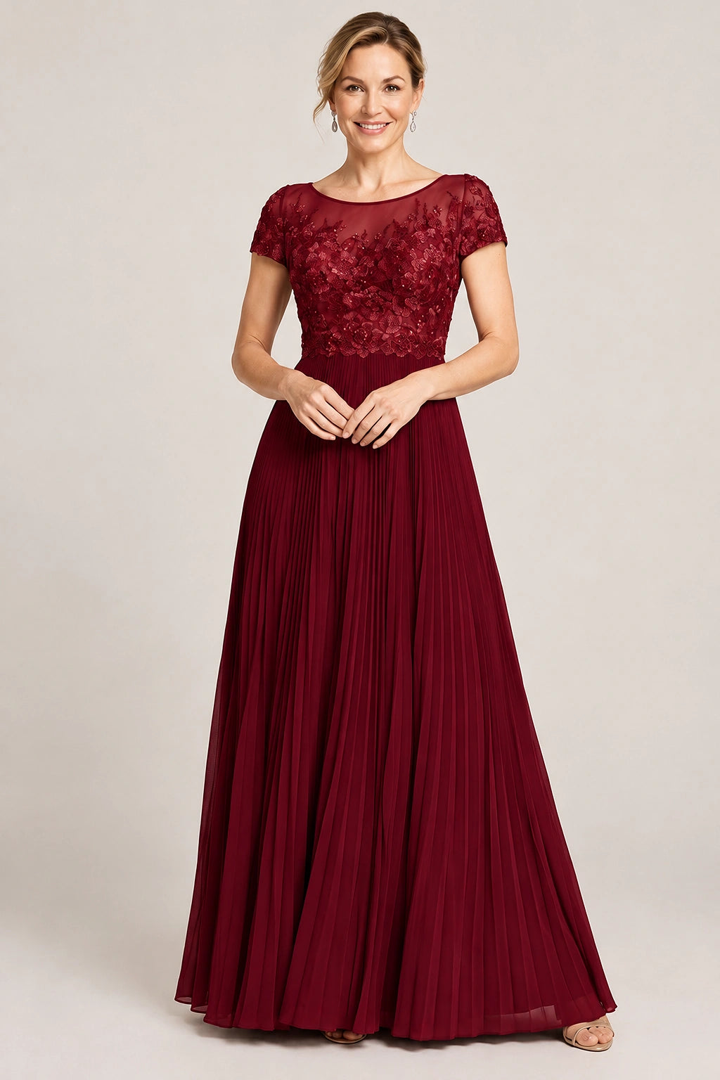 Embroidered Lace Pleated Mother of the Bride Dress