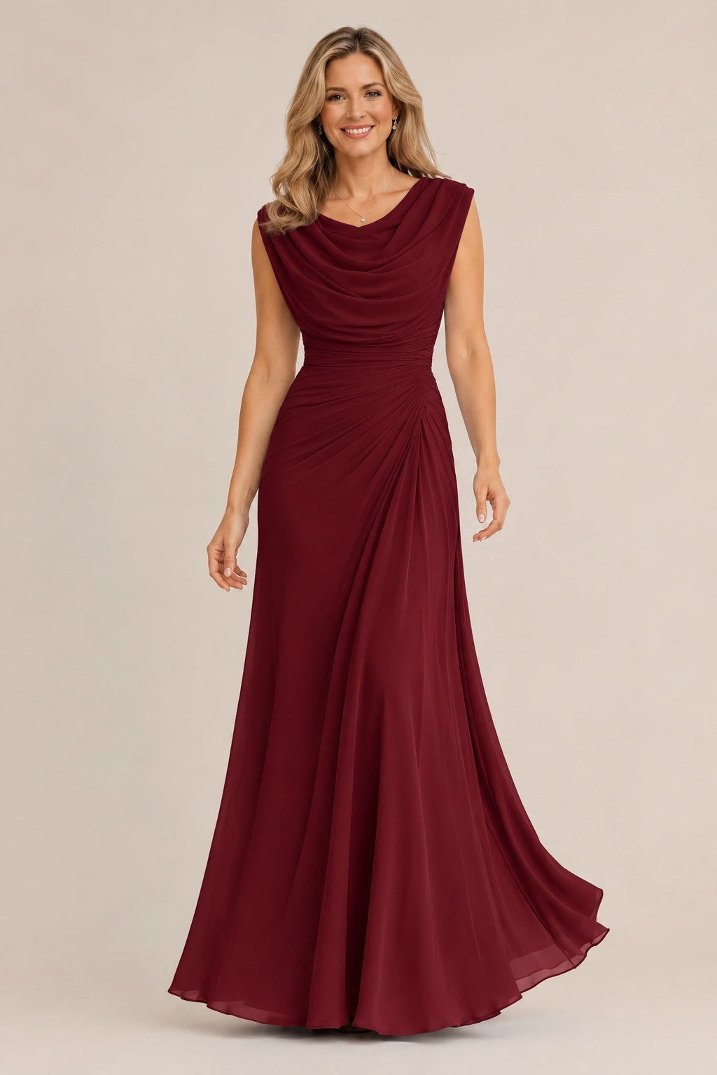 Cowl Neck Ruched Chiffon Mother of the Bride Dress