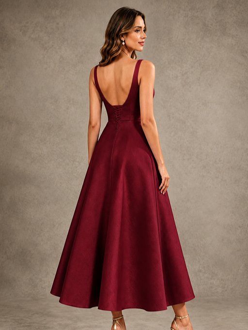 Tea-Length Satin Mother of the Bride Dress with 3D Flower Detail