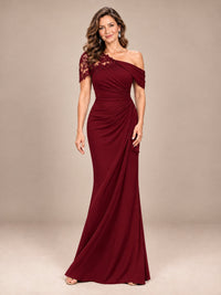 Burgundy-Lace One Shoulder Chiffon Ruched Mother of The Bride Dresses