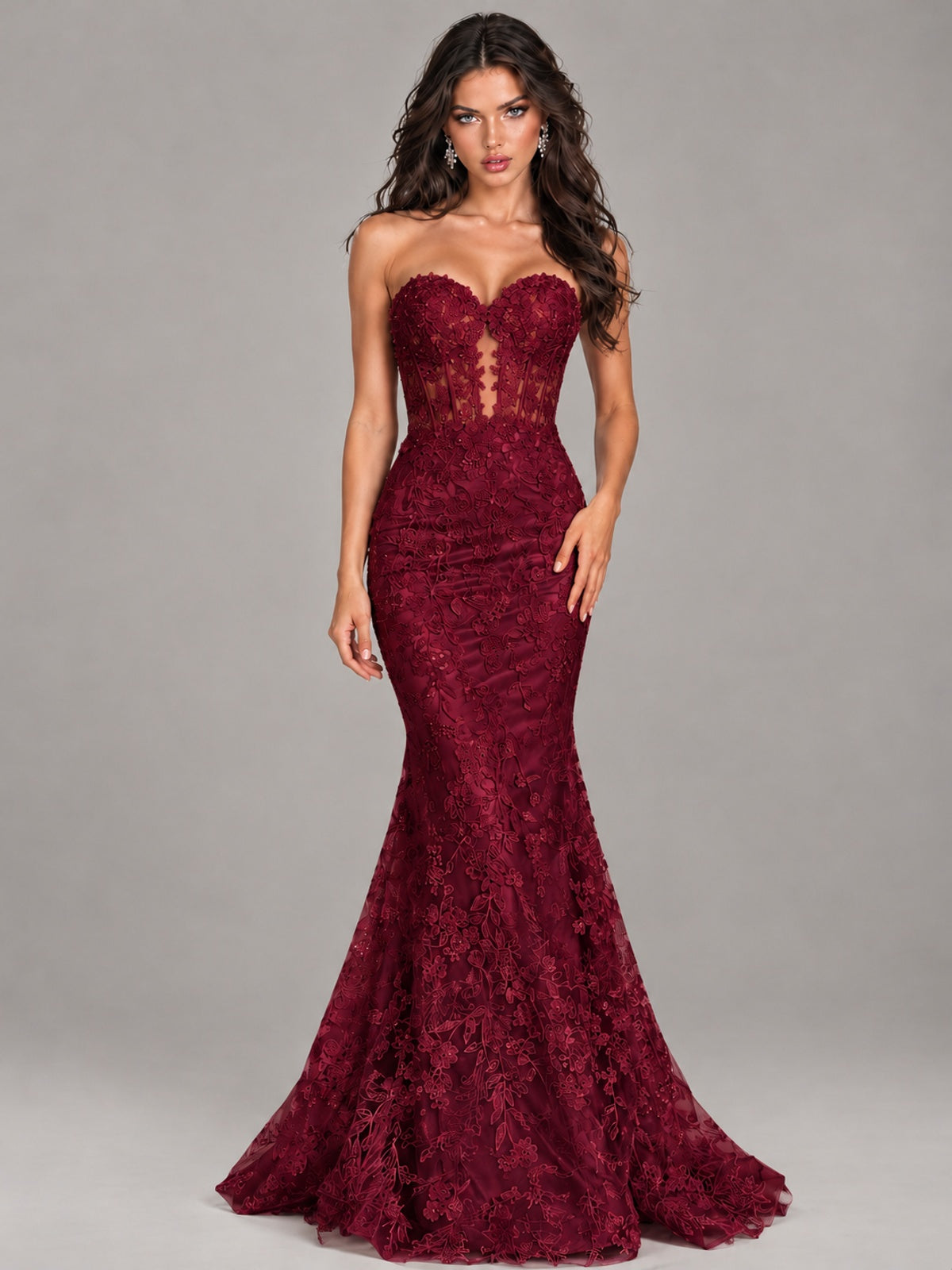 Strapless Corset Mermaid Prom Dress Lace Appliqué Formal Gown