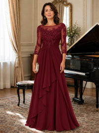 A-Line Chiffon Mother of the Bride Dress with Floral Applique 3/4 Sleeves