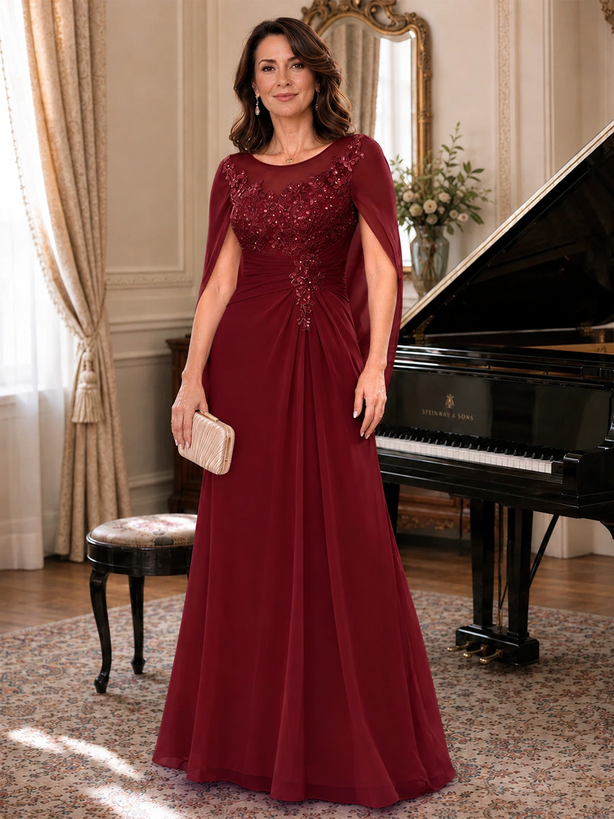 Elegant Applique Chiffon Mother of the Bride Dress with Cape Sleeves