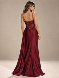 Mermaid Satin Prom Dress with Floral Appliqué Corset and High Slit