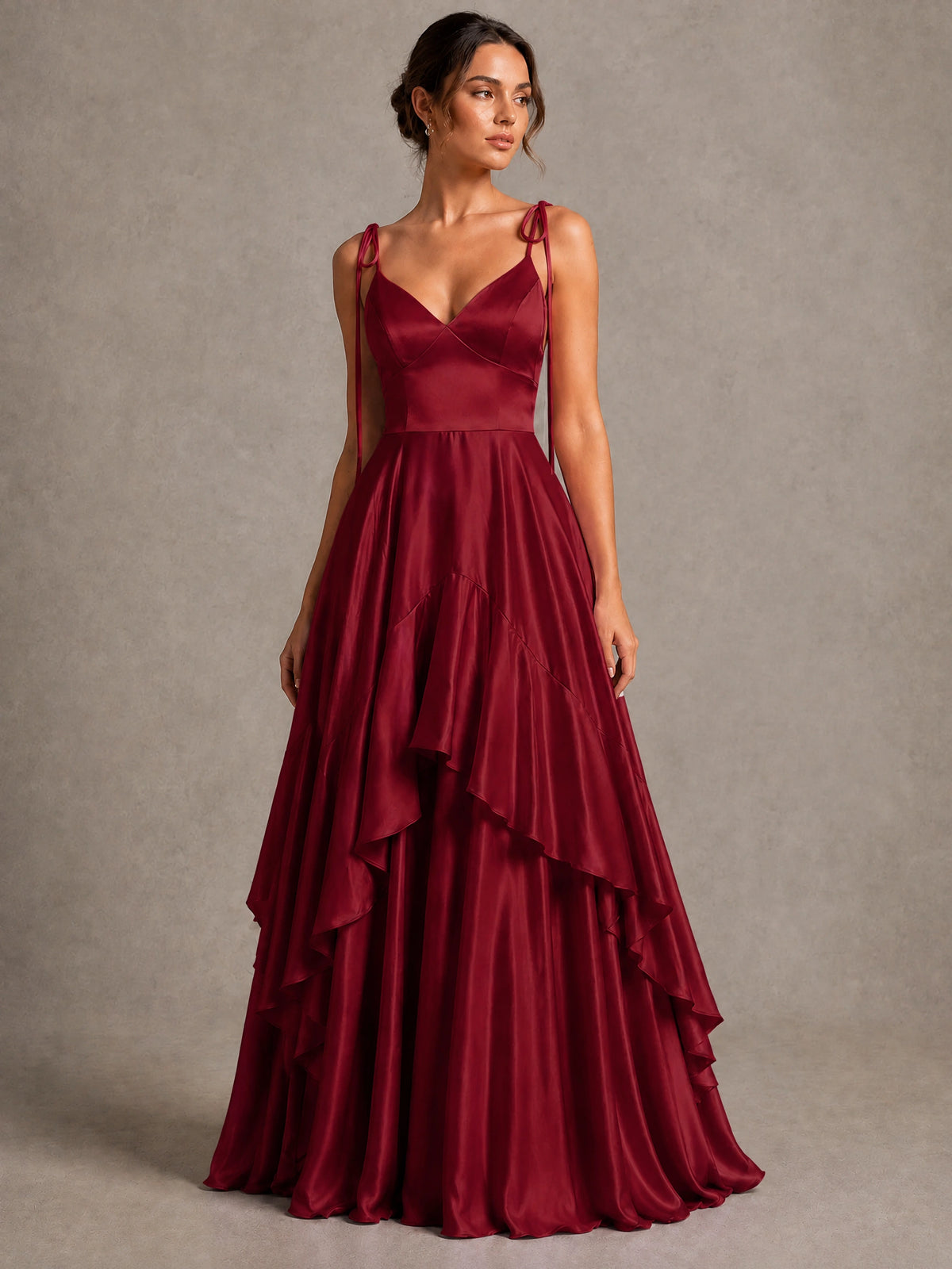 Lavender Satin V-Neck Ruffle Maxi Dress