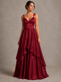 Lavender Satin V-Neck Ruffle Maxi Dress