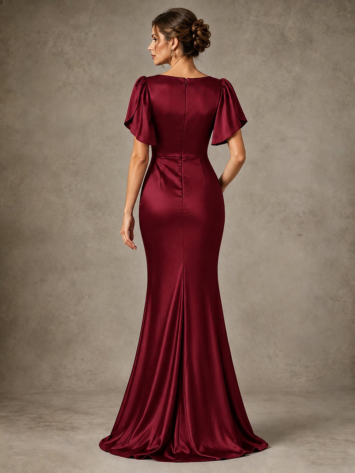 V-Neck Satin Mother of the Bride Dress with Flutter Sleeves