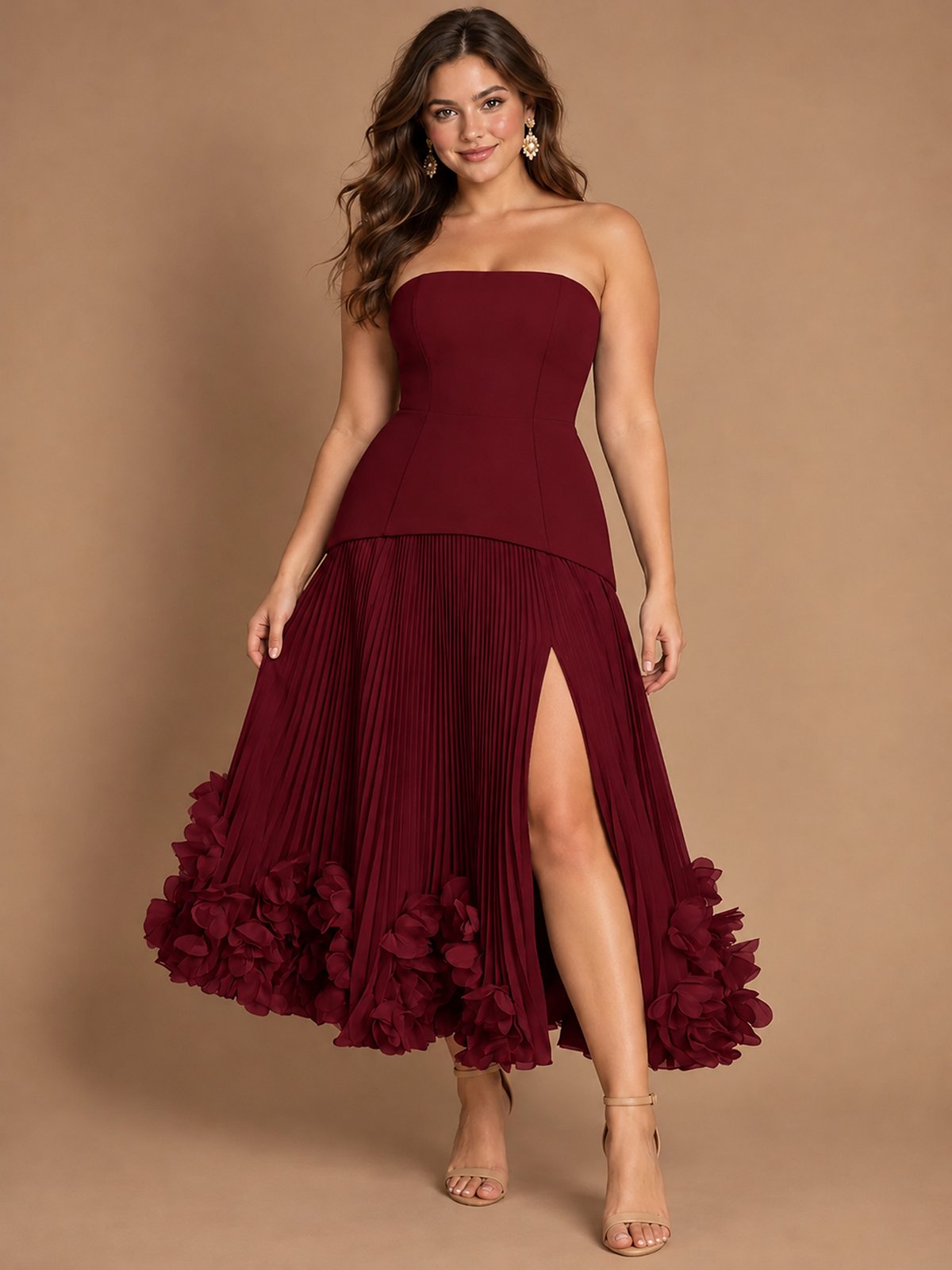 Navy Blue Strapless Pleated A-Line Midi Dress with 3D Floral Applique