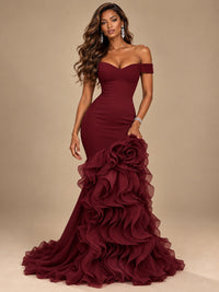 Dusty Blue Off-the-Shoulder Mermaid Prom Dress with 3D Rose & Ruffles